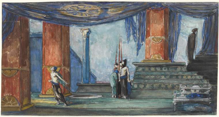 An image of Title/s:  Stage-setting for 'Salome' Maker/s:  Ricketts, Charles de Sousy (draughtsman) [ULAN info: British artist, 1866-1931]  Technique Description:  watercolour and bodycolour on paper Dimensions: height: 210 mm, width: 396 mm 