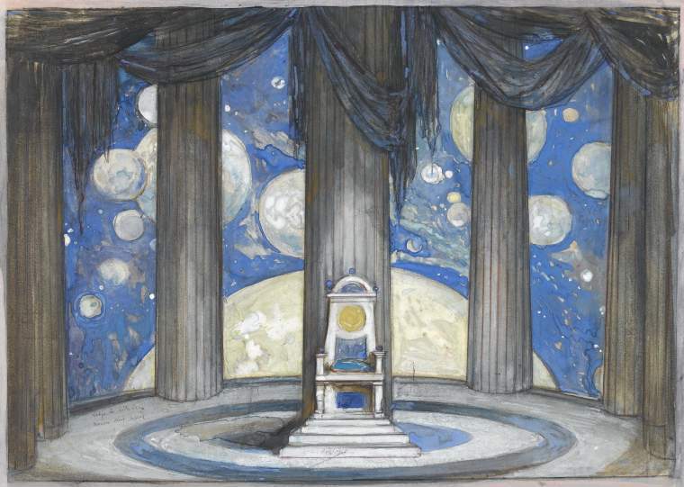 An image of Title/s: Stage-setting for 'The Betrothal' by Maeterlinck Maker/s:  Ricketts, Charles de Sousy (draughtsman) [ULAN info: British artist, 1866-1931]  Technique Description: watercolour and bodycolour on paper Dimensions: height: 272 mm, width: 383 mm 