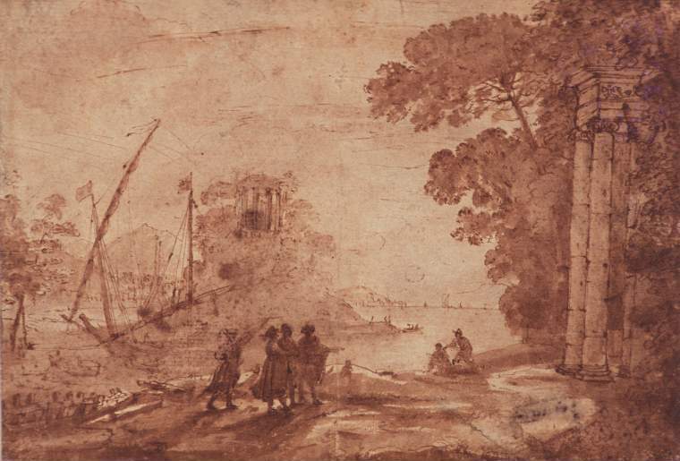 Coast scene with figures and shipping