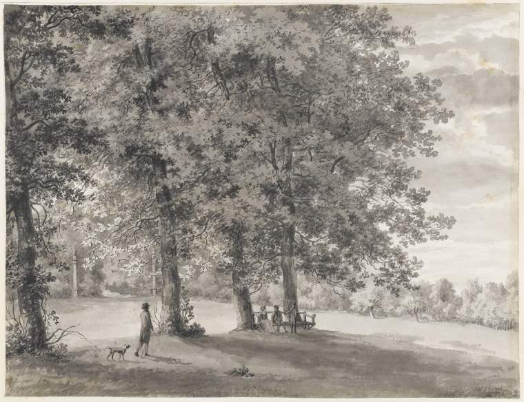 An image of Title/s: Mount Merrion: the lawn seen from the lodge (pag.10) Maker/s: Ashford, William (draughtsman) [ULAN info: British artist, 1746-1824]Technique Description: grey wash on paper laid down on hollow mounts and bound with backing sheets Dimensions: height: 320 mm, width: 430 mmDate: 1806  