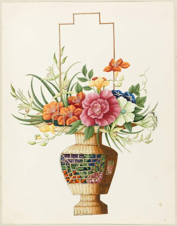 An image of Title/s: A stylized study of mixed flowers with leaves in a fretted Chinese style basket with shaped handle 
Maker/s: Unknown (draughtsman) 
School/Style: Chinese 
Technique Description: watercolour, bodycolour and some white over traces of graphite on white paper, tipped in on light grey album page 
Dimensions: height: 272 mm, width: 212 mm

 

 
