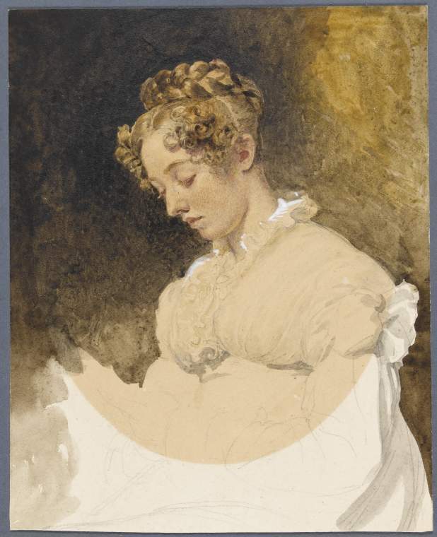 An image of Title/s: Portrait of Harriet de Wint Maker/s: Hilton, William (II) (draughtsman) [ULAN info: British artist, 1786-1839]Technique Description: watercolour and white bodycolour highlights over traces of graphite on paper, laid downDimensions: height: 142 mm, width: 114 mm  