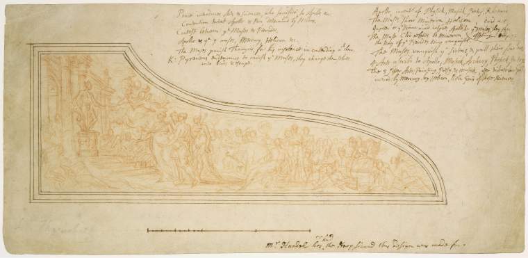 An image of Title/s: Allegorical composition for the lid of a harpsichord Maker/s: Thornhill, James (draughtsman) [ULAN info: British artist, 1675-1734]Technique Description: red chalk and traces of graphite, pen and brown ink over traces of incised line, on paper Dimensions: height: 219 mm, width: 440 mm  