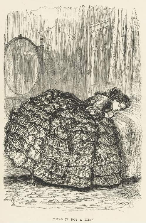 An image of Title/s: "Was it not a lie?". Framley ParsonageMaker/s: Millais, John Everett (designer) British artist, 1829-1896Dalziel family (printmaker) British engravers, 19th c.Production Notes Cut from The Cornhill Magazine, June 1860, illustration to Framley Parsonage, text by Anthony Trollope, facing p. 691.Technique/s: wood engravingMaterial/s : black carbon ink (Medium), paper (Support) Dimensions:  image height: 167 mm, image width: 111 mmDate: 1860-06 