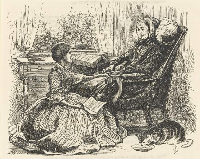 An image of Title/s: The Grandmother's ApologyMaker/s: Millais, John Everett (designer) British artist, 1829-1896Dalziel family (printmaker) British engravers, 19th c.Production Notes : Cut from Once a Week, 16 July 1859, illustration to poem by Tennyson, p.41.Technique/s: wood engravingMaterial/s : black carbon ink (Medium) , paper (Support) Dimensions: height: 106 mm, width: 133 mmDate: 1859-07-16 