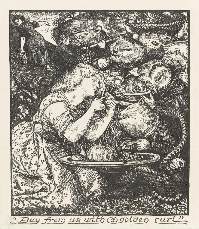 An image of Title/s: Buy from us with a golden curlGoblin Market and Other PoemsMaker/s: Rossetti, Dante Gabriel (draughtsman) British artist, 1828-1882Faulkner, John (printmaker) British artist, circa 1830-op.1887Production Notes: Proof. Illustration to Goblin Market and Other Poems by Christina Rossetti, 1862Technique/s: wood engravingMaterial/s:  black carbon ink (Medium), India paper (Support)  Dimensions:  image height: 106 mm, image width: 93 mmDate: circa 1862 