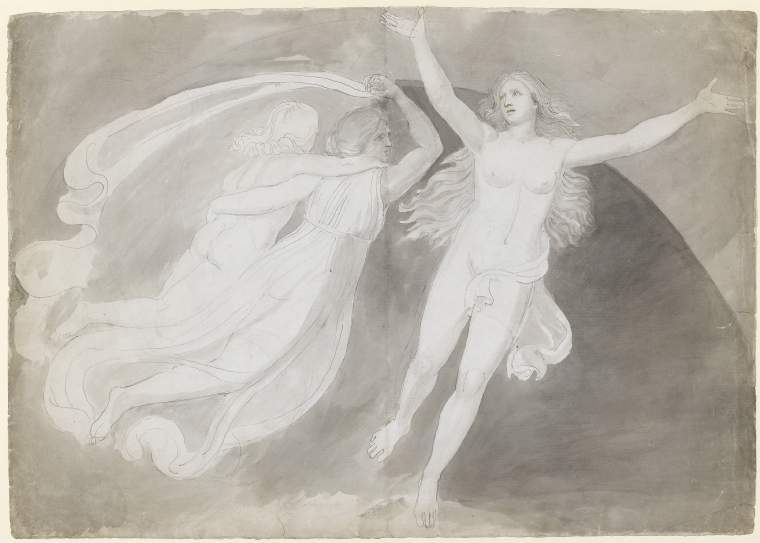 An image of Title/s: The ascension of a soul (recto title) Maker/s: Flaxman, John (draughtsman) [ULAN info: British artist, 1755-1826]Technique Description: graphite, pen and ink and grey wash  Dimensions: height: 489 mm, width: 688 mm  