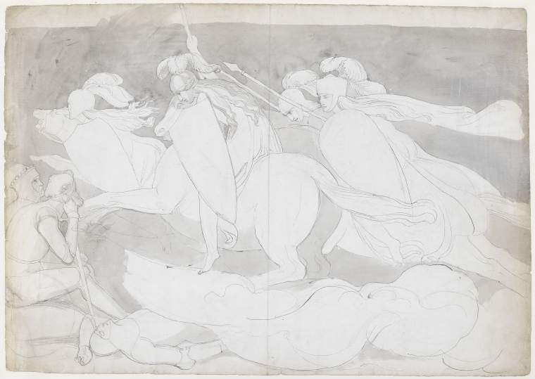 An image of Title/s: A medieval scene: three mounted female warriors observed by seated figures (?one a king) in armour Maker/s: Flaxman, John (draughtsman) [ULAN info: British artist, 1755-1826]Technique Description: graphite, pen and ink and grey wash on laid paper, laid down Dimensions: height: 490 mm, width: 692 mm  
