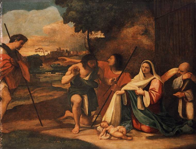 An image of Adoration of the Shepherds.  Sebastiano del Piombo (Sebastiano Luciani) (Italian, 1485-1547). Oil on canvas, height 124.2 cm, width 161.3 cm, 1511 to 1512. POST-CONSERVATION.