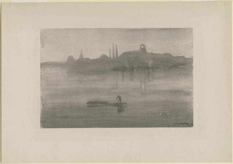 An image of Nocturne: The River at Battersea. Whistler, James Abbott McNeill (American, 1834-1903). Lithotint, grey ink on paper, image height 172 mm, image width 264 mm, 1878. Production Notes: Proof before the dark tint.