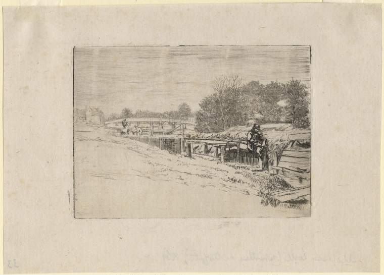 An image of Molesey Lock (Whistler on the gate). Edwards, Edwin (British, 1823-1879). Edwards, Ruth; printer. Etching, black carbon ink on paper, height, plate, 121 mm, width, plate, 166 mm; height, sheet, 188 mm, width, sheet, 263 mm. Alternative Number: Edwards; 33.