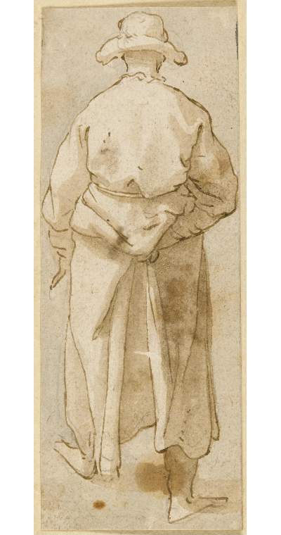 An image of Title/s: Study of a standing man, seen from behind 
Maker/s: Cantagallina, Remigio (draughtsman) [ULAN info: Italian artist, c.1582-p.1635]
Technique Description: pen and brown ink, brown wash over traces of black chalk, on paper 
Dimensions: height: 107 mm, width: 41 mm

 

 
