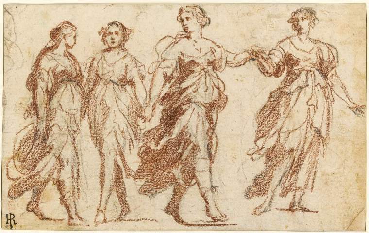 An image of Title/s: Four women dancing 
School: Italian School (Emilian/Lombard?)
Maker/s: Cavedone, Pellegrino attributed to (draughtsman) [ULAN info: c.1548-1628]
Technique Description: purple-red and black chalk, with graphite on paper 
Dimensions: height: 100 mm, width: 161 mm

 

 

