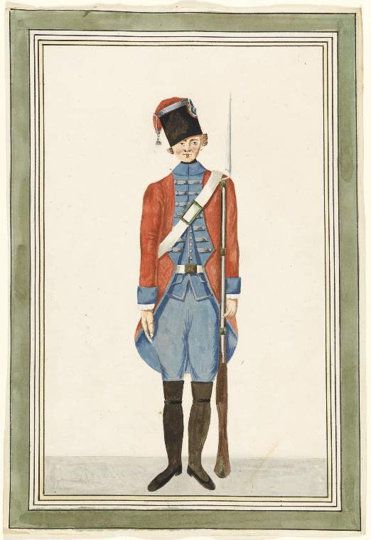An image of Title/s: Uniforms of the army of Ferdinand IV of NaplesSchool/Style: Italian, Neapolitan School Description: Portfolio containg 268 unbound watercolours.Technique Description: watercolour on laid paper with pen and ink borders, and watercolour wash Dimensions: height: (sheet size): 290 mm, width: (sheet size): 197 mm Date: 1790
