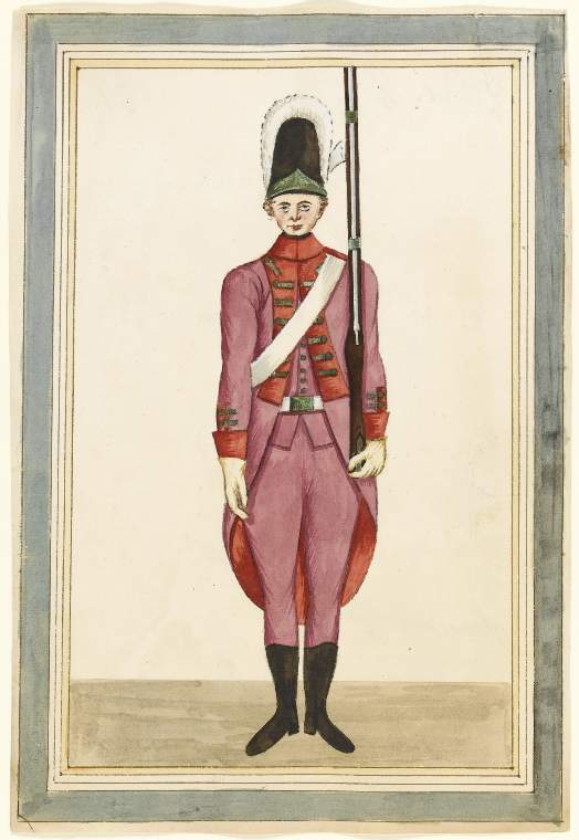 An image of Title/s: Uniforms of the army of Ferdinand IV of NaplesSchool/Style: Italian, Neapolitan School Description: Portfolio containg 268 unbound watercolours.Technique Description: watercolour on laid paper with pen and ink borders, and watercolour wash Dimensions: height: (sheet size): 290 mm, width: (sheet size): 197 mm Date: 1790