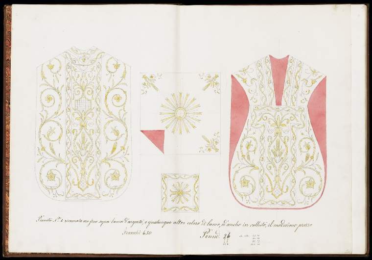 An image of Title/s: Book of Designs for ecclesiastical vestments and ornamentsTitle/s: Chasuble No.1 and 2 paten cloths. Design to be embroidered in gold on silver ground, lined with red Maker/s: Unknown (draughtsman) School/Style: Italian Technique Description: graphite and watercolour - yellow and red on double sheets of paper Dimensions: height: 312 mm, width: 451 mm