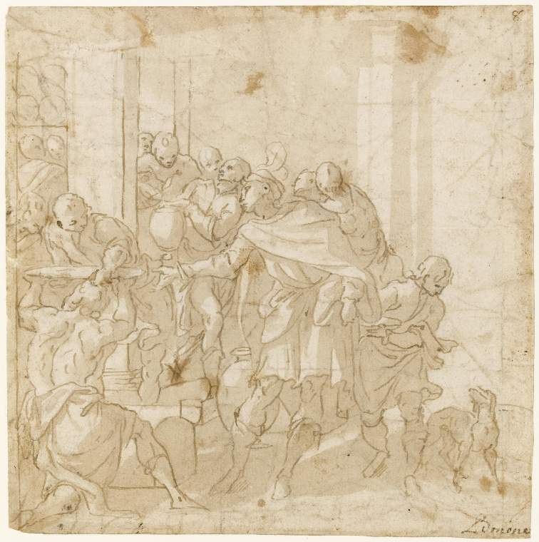 An image of Title/s: Study for a banqueting scene (recto title) 
Maker/s: Bononi, Carlo (draughtsman) [ULAN info: Italian artist, 1569-1632]
Technique Description: recto: pen and brown ink with brown wash 
Dimensions: height: 170 mm, width: 168 mm

 

 
