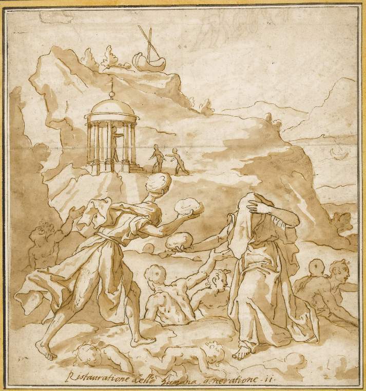 An image of Title/s: Deucalion and Pyrrha regenerating mankind after the Flood (recto title) 
Maker/s: BASSETTI, Marcantonio, attributed to (Verona 1586-1630)
Technique Description: recto: pen and brown ink, brown wash 
Dimensions: height: 289 mm, width: 270 mm
 

 
