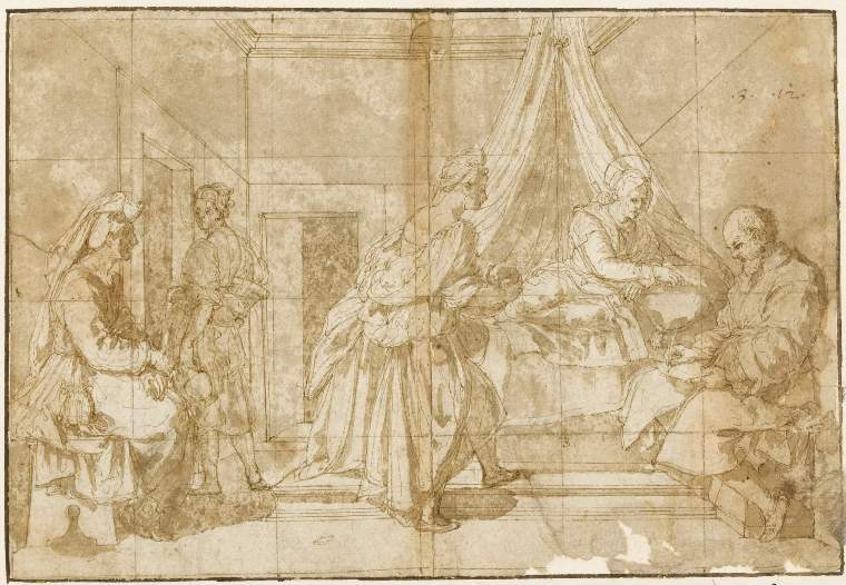 An image of Title/s: The naming of John the Baptist, after Andrea del Sarto Maker/s: Perino del Vaga (Pietro Buonaccorsi) (draughtsman) [ULAN info: 1500/1501-19.X.1547; Mannerist Painter, Firenze, Roma]Technique Description: pen and brown ink, brown wash, squared, on paper laid down on a brown washed mount Dimensions: height: 146 mm, width: 213 mm