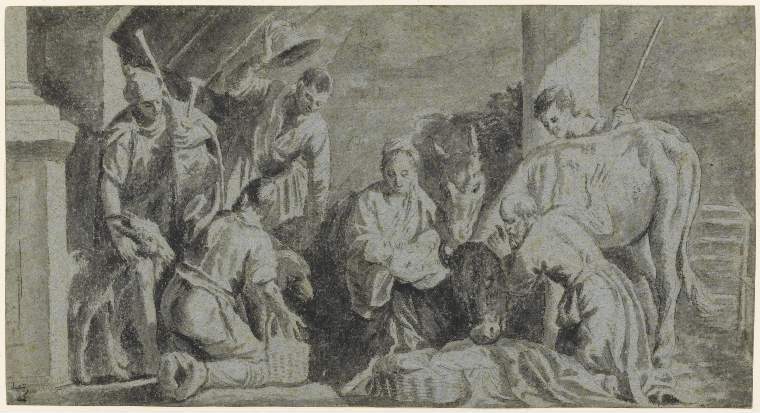 An image of Title/s: The Adoration of the Shepherds Maker/s: Veronese (Paolo Caliari) after (draughtsman) [ULAN info: 1528-1588]Production Notes: A copy after the painting by Veronese and his workshop now in Prague Castle (No. 536-281-251). Technique Description: point of the brush, grey wash over black chalk on blue paperDimensions: height: 196 mm, width: 366 mm