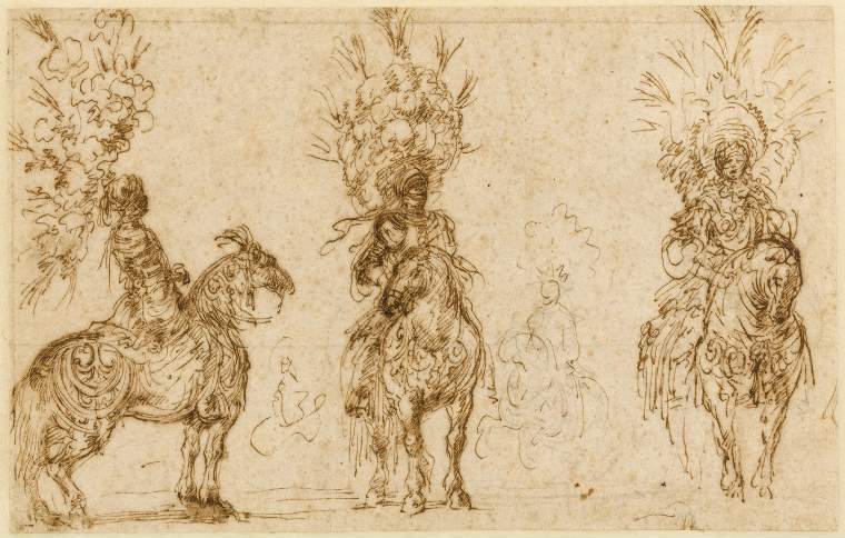 An image of Title/s: Three horsemen with plumed head-dresses 
Maker/s: Della Bella, Stefano (draughtsman) [ULAN info: 18.V.1610-12.VII.1664; Artist, Italia]
Technique Description: pen and brown ink over traces of black chalk, on paper
Dimensions: height: 162 mm, width: 154 mm

 

 
