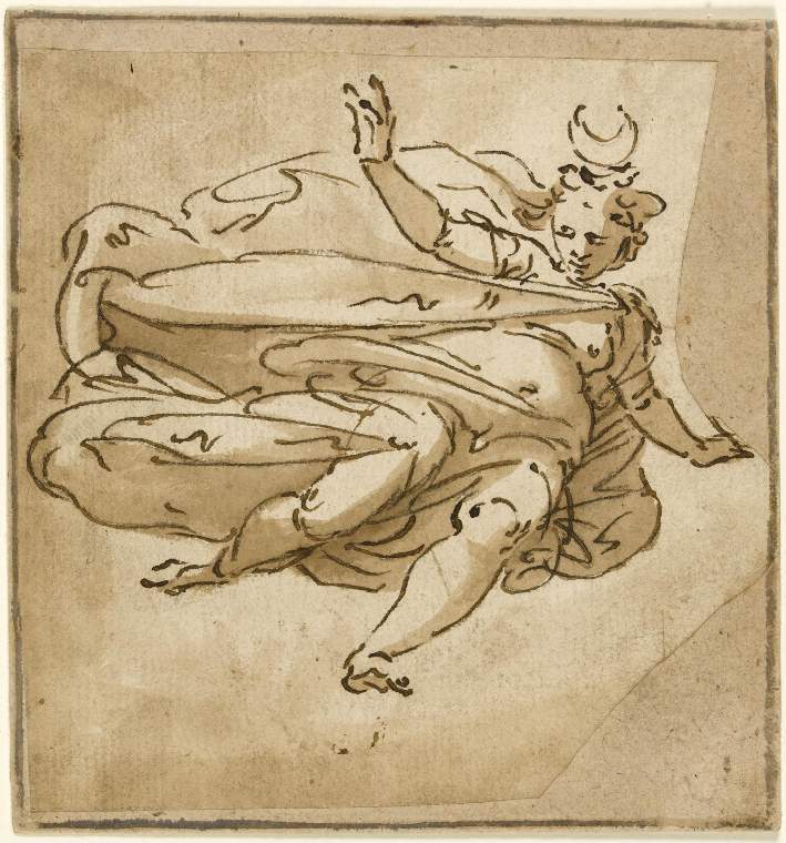 An image of Title/s: Flying female figure: Diana (?) 
Maker/s: Castello, Bernardo (draughtsman) [ULAN info: Italian artist, 1557-1629]
Technique Description: pen, and brown ink, brown wash on paper, laid down
Dimensions: height: 130 mm, width: 120 mm

 

 
