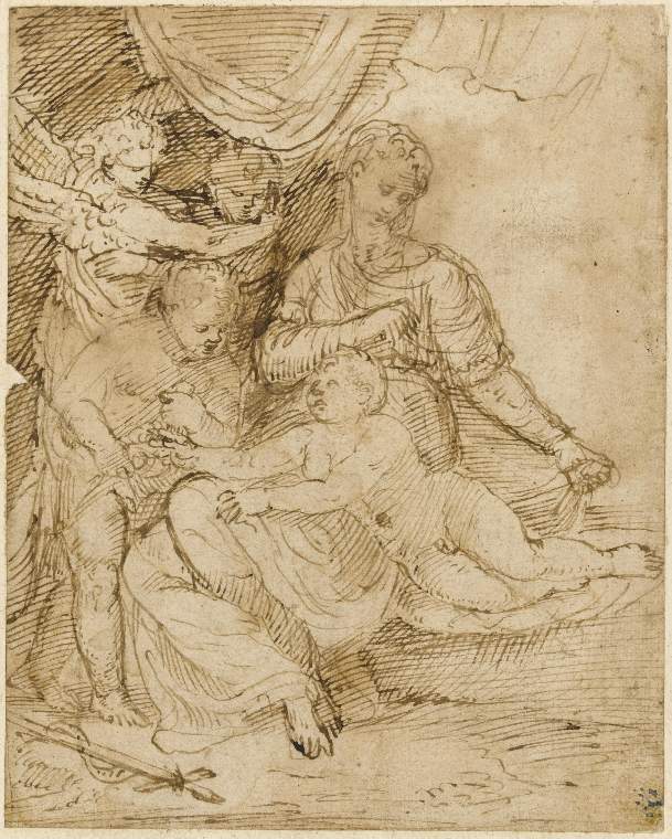 An image of Title/s: The Virgin and Child with the infant John the Baptist, watched by two angels 
Maker/s: Campi, Giulio attributed to (draughtsman) [ULAN info: Italian artist, c.1502-1572]
Technique Description: pen and brown ink, on paper 
Dimensions: height: 166 mm, width: 133 mm

 

 
