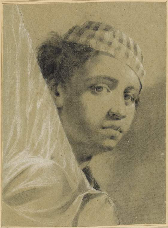 An image of Title/s: Head of a young man in a striped cap, a banner over his shoulder Maker/s: Piazzetta, Giovanni Battista follower of (draughtsman) [ULAN info: Italian artist, 1682-1754]Technique Description: black and white chalk on grey paper Dimensions: height: 381 mm, width: 285 mm