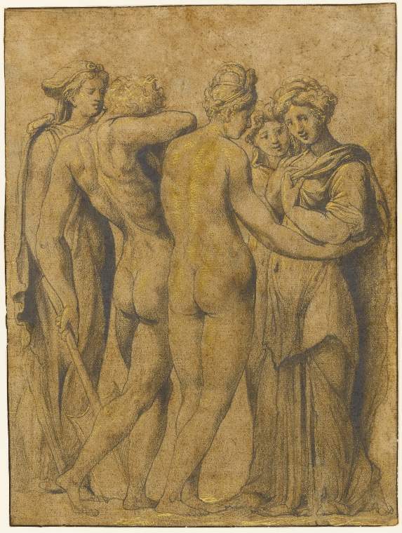 An image of Title/s: A scene from classical mythology Maker/s: Rosso Fiorentino (Giovanni Battista di Jacopo) after (draughtsman) [ULAN info: 8.III.1494-14.XI.1540; Artist, Painter, pietra dura artist, Fontainebleau, Paris, Toscana]Technique Description: black chalk heightened with gold, on paper Dimensions: height: 234 mm, width: 175 mm