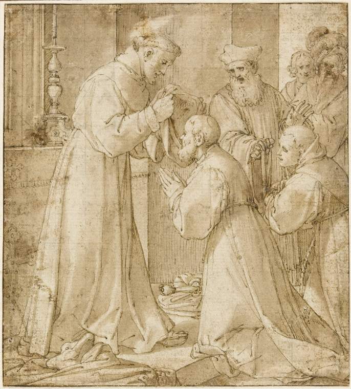 An image of Title/s: St. Francis Vesting his followersMaker/s: Procaccini, Camillo (draughtsman) [ULAN info: Italian artist, 1551(?)-1629]Technique Description: pen and brown ink, brown wash, on paper, stuck down, squared for transfer Dimensions: height: 161 mm, width: 145 mm