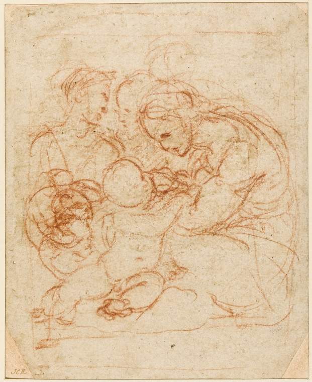 An image of Title/s: The Holy Family Maker/s: Raffaello Sanzio (draughtsman) [ULAN info: 1483-1520]Technique Description: red chalk on paper Dimensions: height: 159 mm, width: 129 mmDate: Circa 1510 to 1512 