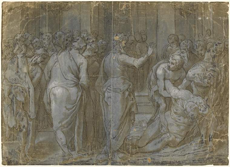 An image of Title/s: St. Paul resuscitating Eutychus 
Maker/s: Zuccari, Taddeo copy after (draughtsman) [ULAN info: Italian artist, 1529-1566]
Technique Description: pen and brown wash over faint black chalk, heigtened with white, (oxydising), on blue paper
Dimensions: height: 353 mm, width: 480 mm

 

 
