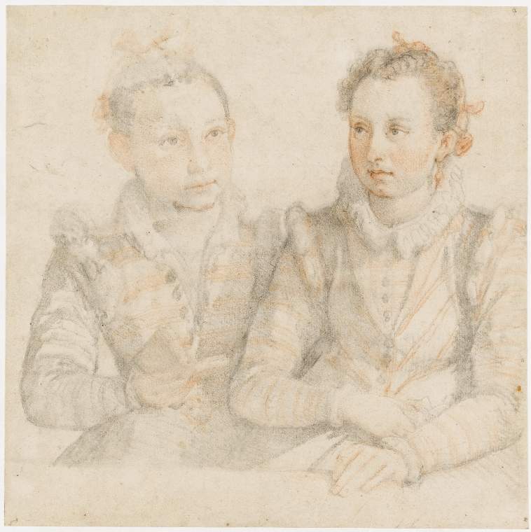 An image of Title/s: Two young women, half-length, seated at a table Maker/s: Zuccari, Federico (draughtsman) [ULAN info: Italian artist, 1540-1609]Technique Description: cunterproof, strengthened with red and black chalk, on paper Dimensions: height: 193 mm, width: 193 mm