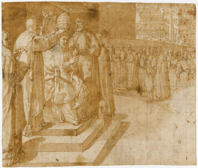 An image of Title/s: The Enthroning of a Pope [Clement VIII?] (recto title) Maker/s: Ricci, Giovanni Battista (draughtsman) [ULAN info: Italian artist, 1537-1627]Technique Description: recto: pen, brown ink and brown wash, squared in black chalk for transfer on paper Dimensions: height: 226 mm, width: 267 mm