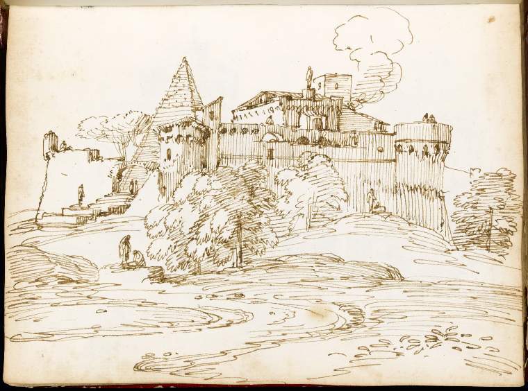 An image of Title/s: A capriccio with the pyramid of Cestius Maker/s: Busiri, Giovanni Battista (draughtsman) [ULAN info: Italian artist, 18th cent.]Technique Description: pen and brown ink on paper Dimensions: height: 222 mm, width: 166 mm
