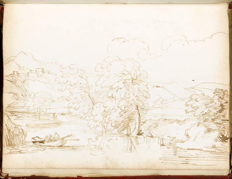 An image of Title/s: Landscape with boatsmen on a river Maker/s: Busiri, Giovanni Battista (draughtsman) [ULAN info: Italian artist, 18th cent.]Technique Description: pen and brown ink on paper Dimensions: height: 222 mm, width: 166 mm