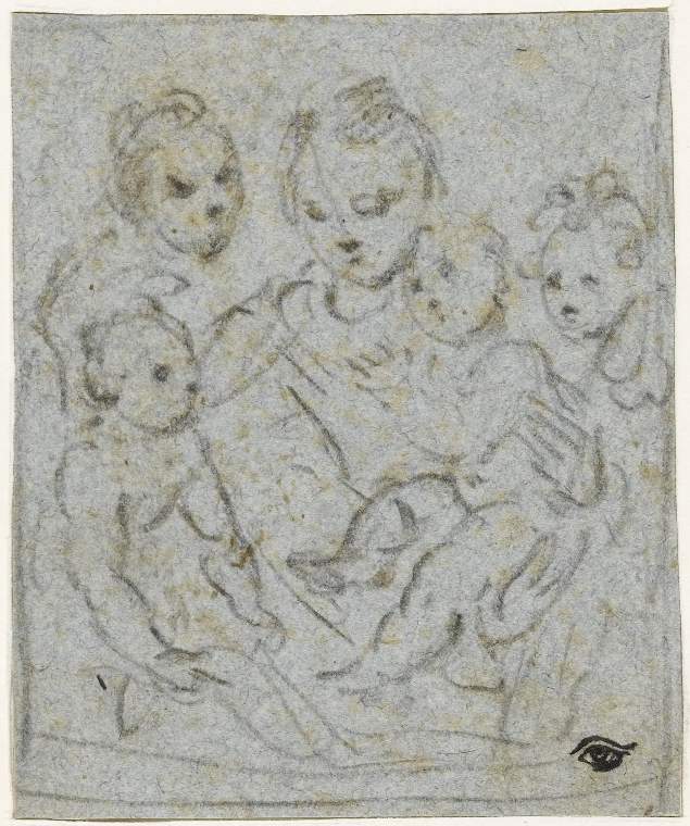 An image of Title/s: The Madonna and Child with Saints and the Infant John the Baptist Maker/s: Schedoni, Bartolomeo attributed to (draughtsman) [ULAN info: Italian artist, 1578-1615]Technique Description: black chalk on blue paper Dimensions: height: 75 mm, width: 63 mm