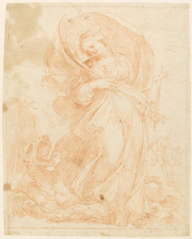 An image of Title/s: St Margaret 
Maker/s: Cesari, Giuseppe (Cavalier d'Arpino) (draughtsman) [ULAN info: Italian artist, 1568-1640]
Technique Description: counterproof from a red chalk drawing, incised for transfer. 
Dimensions: height: 195 mm, width: 152 mm

 

 
