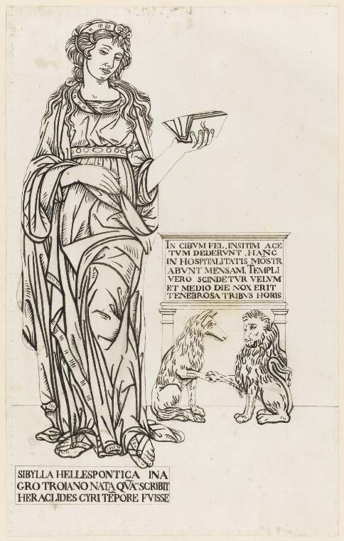 An image of Title/s: Drawing reduced from tracings taken from the inlaid marble pavement of Siena Cathedral during its restoration in the nineteenth centuryTitle/s: The Hellespontine Sibyl Maker/s: Maccari, Leopoldo (draughtsman) [ULAN info: Italian artist, 1850-1894?]Technique Description: pen and black ink on lightly squared paper Dimensions: height: 280 mm, width: 186 mm