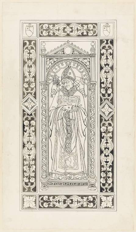 An image of Title/s: Drawing reduced from tracings taken from the inlaid marble pavement of Siena Cathedral during its restoration in the nineteenth centuryTitle/s: Tomb of Bishop Carlo Bartoli Maker/s: Maccari, Leopoldo (draughtsman) [ULAN info: Italian artist, 1850-1894?]Technique Description: pen and black ink, grey wash, on lightly squared paper Dimensions: height: 367 mm, width: 213 mm