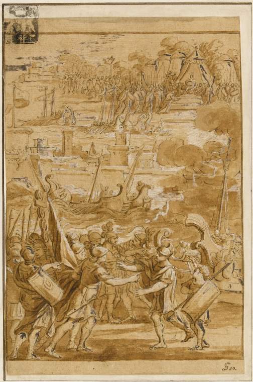 An image of Title/s: A meeting of two generals by the sea shore 
Maker/s: Castello, Bernardo circle of (draughtsman) [ULAN info: Italian artist, 1557-1629]
Technique Description: pen and brown ink, brown wash, heightened with white on brown washed paper 
Dimensions: height: 202 mm, width: 136 mm

 

 

