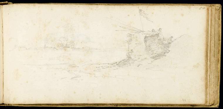 An image of Title/s: Paris Sketch-bookTitle/s: Soldiers firing from a bunker at a fortified town (?Arras) (recto title)Maker/s: Della Bella, Stefano (draughtsman) [ULAN info: 18.V.1610-12.VII.1664; Artist, Italia]Technique Description: recto: black chalk on laid paper Dimensions: height: (leaf size): 102 mm, width: (leaf size): 215 mmDate: circa 1640