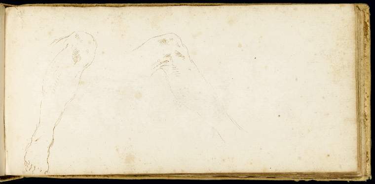 An image of Title/s: Paris Sketch-bookTitle/s: A male figure seated on the ground, facing right: a detail of the slashed sleeve of his costume and his right hand; a view of the same figure from behind (recto title)Maker/s: Della Bella, Stefano (draughtsman) [ULAN info: 18.V.1610-12.VII.1664; Artist, Italia]Technique Description: recto: red chalk on laid paper Dimensions: height: (leaf size): 102 mm, width: (leaf size): 215 mm Date: circa 1640