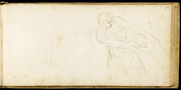 An image of Title/s: Paris Sketch-bookTitle/s: A man pulling on a net (recto title)Maker/s: Della Bella, Stefano (draughtsman) [ULAN info: 18.V.1610-12.VII.1664; Artist, Italia]Technique Description: pen and brown ink on laid paper Dimensions: height: (leaf size): 102 mm, width: (leaf size): 215 mm Date: circa 1640
