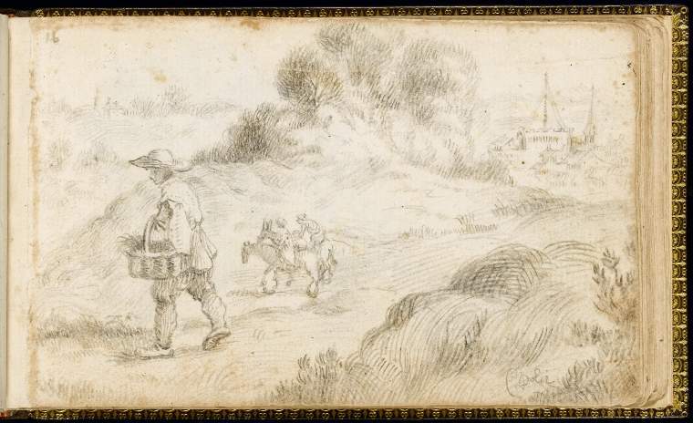 An image of Title/s: SketchbookTitle/s: Peasant in a landscape with two travellers on donkeys Maker/s: Dolci, Carlo (draughtsman) [ULAN info: Italian artist, 1616-1686]Technique Description: black chalk on laid paper Dimensions: height: 93 mm, width: 148 mm