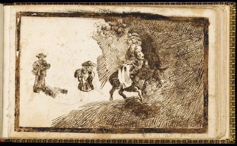 An image of Title/s: SketchbookTitle/s: Woman on a donkey in a rocky landscape; two unfinished figures (recto title)Maker/s: Dolci, Carlo (draughtsman) [ULAN info: Italian artist, 1616-1686]Technique Description: recto: pen and brown ink over black chalk, bordered on all sides with a line of brown wash on laid paperDimensions: height: 93 mm, width: 148 mm