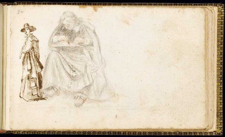 An image of Title/s: SketchbookTitle/s: Figure of a standing woman; a seated cleric, writing Maker/s: Dolci, Agnese (not Maria) (draughtsman) [ULAN info: Italian artist, -1686] & Dolci, Carlo probably (draughtsman) [ULAN info: Italian artist, 1616-1686]Technique Description: pen and brown ink; red and black chalk on laid paper Dimensions: height: 93 mm, width: 148 mm