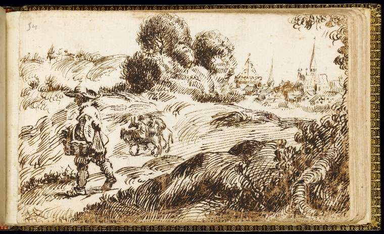 An image of Title/s: SketchbookTitle/s: Peasant in a landscape with two travellers on donkeys Maker/s: Dolci, Agnese (not Maria) (draughtsman) [ULAN info: Italian artist, -1686]Technique Description: pen and brown ink over black chalk on paper Dimensions: height: 93 mm, width: 148 mm