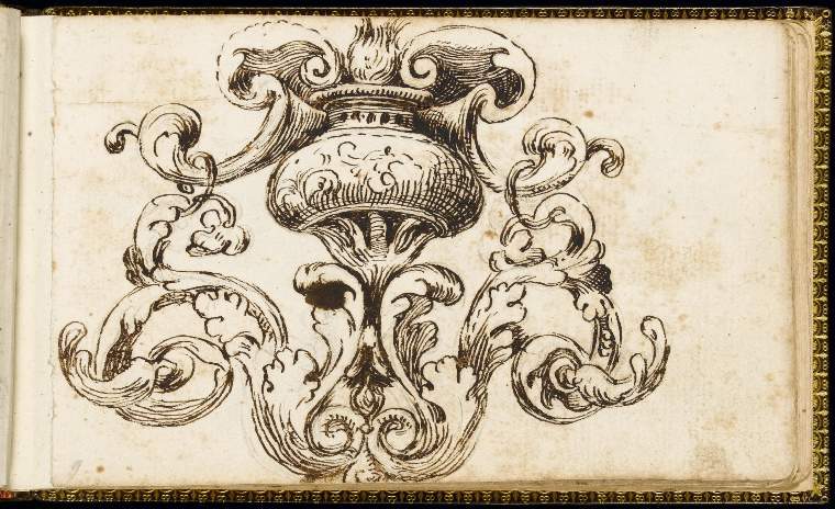 An image of Title/s: SketchbookTitle/s: Ornamental design: urn and arabesques Maker/s: Dolci, Carlo ? (draughtsman) [ULAN info: Italian artist, 1616-1686]Technique Description: pen and brown ink over black chalk on laid paper Dimensions: height: 93 mm, width: 148 mm
