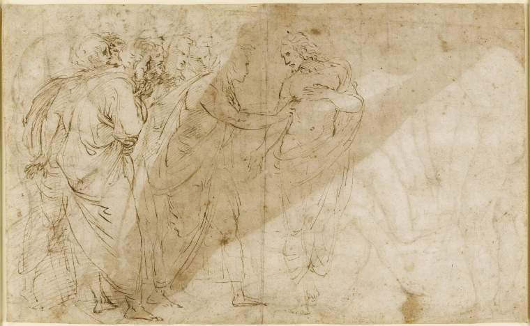 An image of Title/s: The Incredulity of St. Thomas (recto title) Maker/s: Raffaello Sanzio (draughtsman) [ULAN info: 1483-1520]Technique Description: pen and light-brown ink on paper Dimensions: height: 231 mm, width: 377 mm